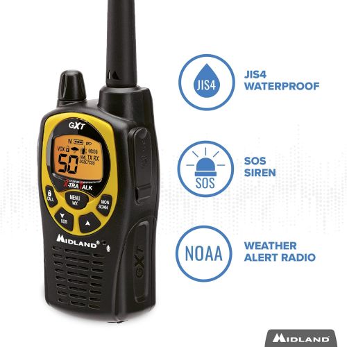  [아마존베스트]Midland 50 Channel Waterproof GMRS Two-Way Radio - Long Range Walkie Talkie with 142 Privacy Codes, SOS Siren, and NOAA Weather Alerts and Weather Scan (Black/Yellow, Pair Pack)