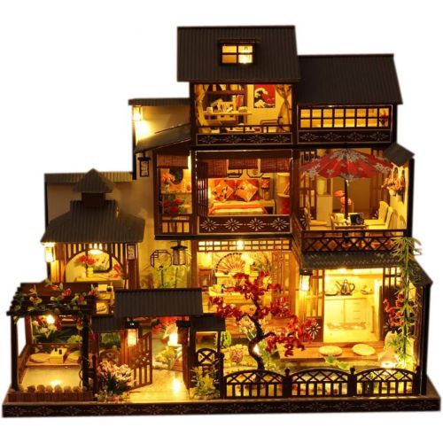  WYD 3-Story Japanese-Style Villa Model Japanese Style Wooden Assembled Dollhouse Kit Puzzle Toys Furniture Kits LED Light House Gift for Friends Parents Children(with dust Cover an