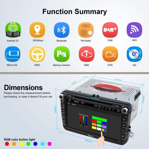  Vanku Android 10 Car Radio PX6 64GB + 4GB for VW T5 Golf Touran Radio with Sat Nav Supports Qualcomm Bluetooth 5.0 DAB + WiFi 4G USB 8 Inch IPS Touchscreen