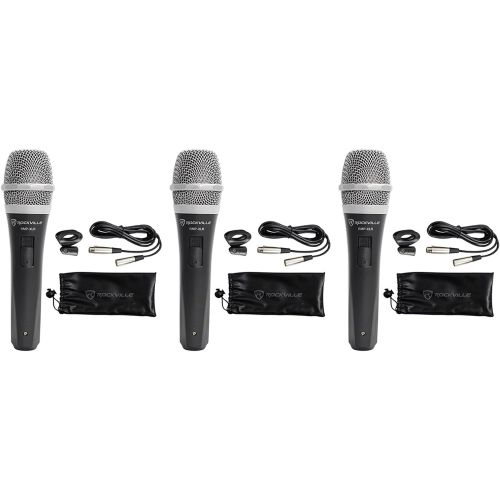  3 Rockville RMP-XLR Dynamic Cardioid Pro Microphones + 10 XLR Cables+3 Clips