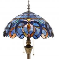 WERFACTORY Tiffany Style Floor Lamp Stained Glass Standing Reading Light 64 Inch Tall Blue Purple Cloudly Crystal Lover Flower Shade 2 Pull Chain Antique Base Living Room Bedroom S558 WERFACT