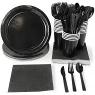 Juvale Black Party Supplies - 24-Set Paper Tableware - Disposable Dinnerware Set for 24 Guests, Including Knives, Forks, Spoons, Paper Plates, Napkins and Cups, Black