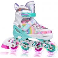 SULIFEEL Rainbow Unicorn Inline Skates for Girls Boys 4 Size Adjustable Light up Wheels Roller Blades for Kids Beginner