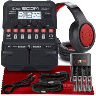 Zoom G1 Four Guitar Multi-Effects Processor + SR360 Over-Ear Dynamic Stereo Headphones, Rechargeable AA Batteries with Quick Travel Charger and Cable Accessories