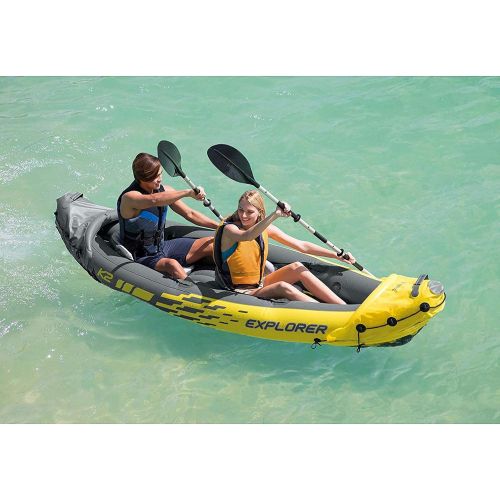 인텍스 Intex Explorer K2 2 Person Inflatable Kayak Set and Air Pump, Yellow (3 Pack)