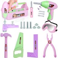 Pink Tool Set Box (18 PCS) Kids Tool Set Pretend Play Construction Tool Accessories with a Tool Box Including Toy Pink Manual Drill Construction Kits for Kids Ages 3-5 Years Old Girls Gift