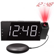 Mesqool Loud Vibrating Projection Alarm Clock, Bed Shaker & Alarm Sound, 7 Digital LED with Dimmer, 12/24H, USB Charger, DST, Battery Backup, Desk Projector Clock for Ceiling, Wall