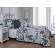 Avondale 5 Piece Girls Blue Love Paris Themed Quilt Queen Set, Beautiful All Over Floral Eiffel Tower Bedding, Cute Multi Rose Flowers France Inspired, Girly Flower Patchwork Background Pat