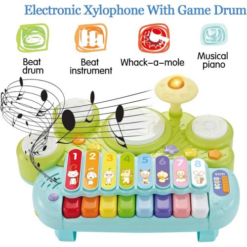  [아마존베스트]fisca 3 in 1 Musical Instruments Toys, Electronic Piano Keyboard Xylophone Drum Set - Learning Toys with Lights for Baby & Toddler 1 2 3 Year Old Boys and Girls