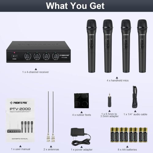 4 Channel VHF Wireless Microphone, Phenyx Pro 4-Channel Wireless Microphone System with 4 Handheld Mics, Metal Receiver, Long Distance Operation, Ideal for Church, Party, Outdoor E