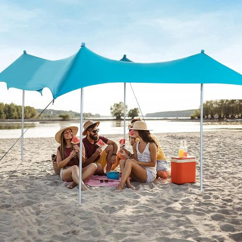  VINGLI Beach Canopy Tent Sun Shade 10x10ft with 4 Aluminum Poles and Carrying Bag, Family Beach Tent Pop Up Shade for Picnics, Camping Trips, Fishing, Bonus Sand Shovel (Blue)