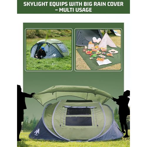  AYAMAYA Pop Up Tent 4 Person Tents for Camping with Skylight, Waterproof Family Tent with Pre-Assemble Poles Automatic Setup in Second, 2 Doors & Side Windows 3-4 People Instant Ea