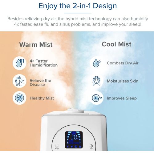  LEVOIT Humidifiers for Large Room Bedroom (6L), Warm and Cool Mist Ultrasonic Air Vaporizer for Home Whole House Babies, Customized Humidity, Remote Control, Whisper-Quiet, White