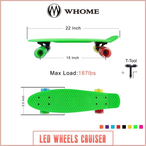  WHOME Skateboards for Kids with 60x45mm LED Light Wheel - 22 4Th Generation Cruise Skateboard Complete for Girls, Boys, Adults, Youth, Kids and Beginners T-Tool Included