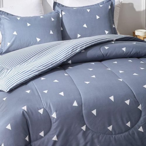  [아마존베스트]Uozzi Bedding Comforter Set Twin Size Blue Gray with White Triangles Print Reversible Down Alternative 800 TC Kids Duvet Sets 1 Microfiber Comforter with 2 Pillow Shams
