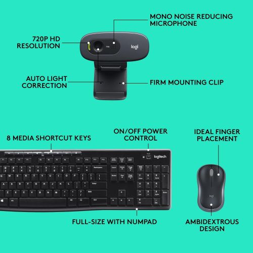 로지텍 Logitech C270 Desktop or Laptop Webcam, HD 720p Widescreen for Video Calling and Recording & MK270 Wireless Keyboard and Mouse Combo - Keyboard and Mouse Included, Long Battery Lif