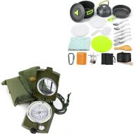 Sportneer Military Lensatic Sighting Compass with 18Pcs Camping Cookware Set Stove Canister Stand Tripod Camp Cooking Set Backpacking Stove Kit
