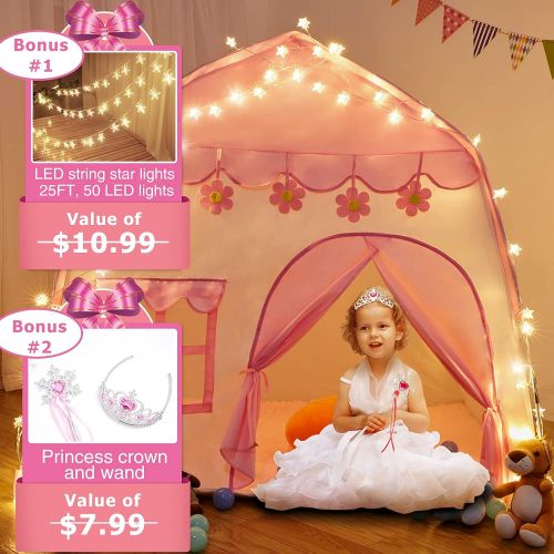  [아마존베스트]TTLOJ Kids Play Tent for Girls Boys 420D Oxford Fabric Princess Playhouse Pink Castle Play Tent Children Fairy Tale Teepee Tent Indoor Outdoor with Carry Bag, Star Lights Included