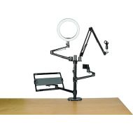 Gator Frameworks 6-in-1 Content Creator Streaming Desktop Stand Set Includes Smartphone, Tablet, Laptop Clamps, Vesa Mount, Ring Light, Microphone Boom Arm, Black (GFW-STREAMSTAND)