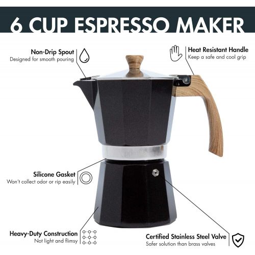  Primula Aluminum Stove Top Espresso Maker, Percolator Pot for Moka, Cuban Coffee, Cappuccino, Latte and More, Perfect for Camping, 6 Cup, Black