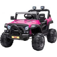 TOBBI 12v Kids Ride On Truck with Remote Control, Battery Powered Ride on Toy Car w/Music, MP3, Safety Belt, Rose Red