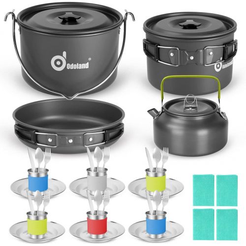  Odoland 39pcs Camping Cookware Mess Kit, Non-Stick Large Size Hanging Pot Pan Kettle with Base Dinner Cutlery Sets for 6 and More, Cups Dishes Forks Spoons Kit for Outdoor Camping