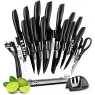MOOKA Knife Set, 17 Pieces Kitchen Knife Set with Acrylic Stand, 13 Black Non-Stick Coating Stainless Steel Knives, Chef Knife, 6 Steak Knives, Scissors, Peeler and Knife Sharpener