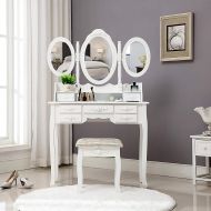 Honbay HONBAY Trifold Mirrors Makeup Vanity Table Set, Cushioned Stool and Surprise Gift Makeup...