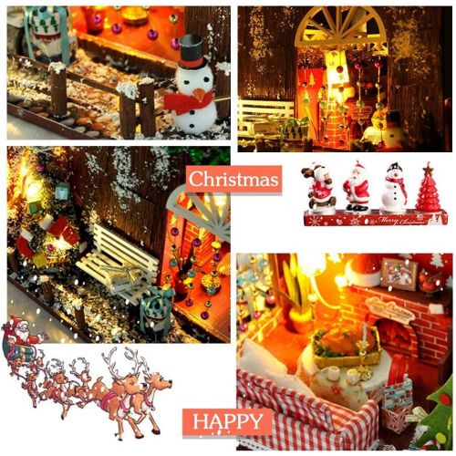  WYD Hand-Assembled Wooden Miniature Christmas Dollhouse Kit Creative Toys with LED Lights for Christmas Decoration Present