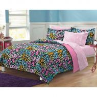 My 5pc Girls Teen Rainbow Leopard Themed Comforter Twin XL Set, Cheetah Pattern Bedding, Cute Neon Color Animal, Blue Pink Orange Green Yellow Black