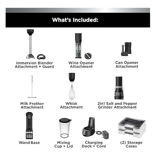  BLACK+DECKER Kitchen Wand Cordless Immersion Blender, 6 in 1 Multi Tool Set, Hand Blender with Charging Dock, Black (BCKM1016KS10)