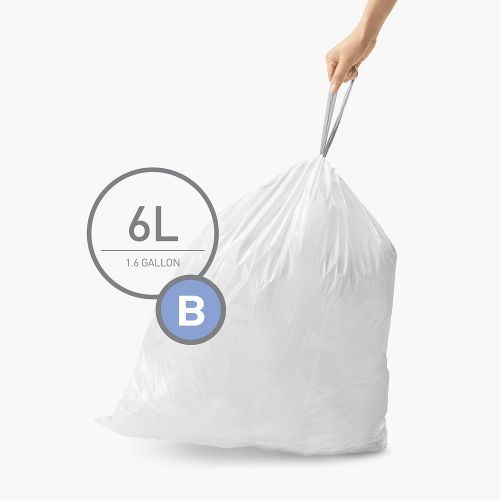 심플휴먼 simplehuman Code B Custom Fit Drawstring Trash Bags, 6 Liter / 1.6 Gallon, 30 Pack, White
