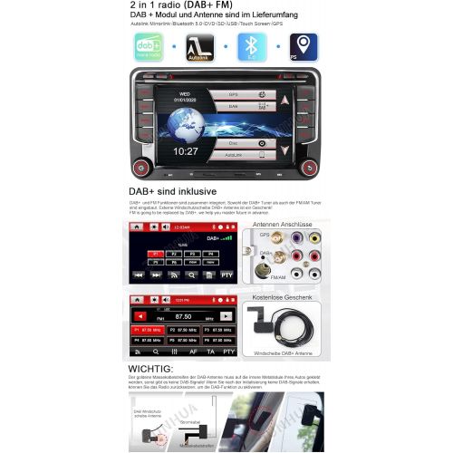  Junhua 7 Inch 2 Din Car Radio with Wince System DVD Player, GPS Navigation, Radio, Bluetooth, USB, Supports DAB, Camera, Steering Wheel Operation, 1080P Video, 16GB, Map, Material