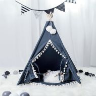 Wonder Space Pet Teepee House - 28 Inch 5-Pole Grey Canvas Tent with Pom Pom Opening, Comes with Cushion &Free Hangings & Name Blackboard, Elegant Cat Dog Puppy Snuggle Bed Furnitu