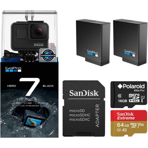 고프로 GoPro Hero 7 Black Edition with Two Extra GoPro USA Batteries + Sandisk Extreme 64GB MicroSD + Free Polaroid 16GB MicroSD (80GB Total)