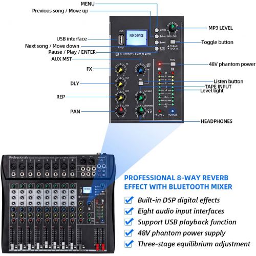  [아마존베스트]Depusheng DT8 Professional 8 Channel DJ Sound Mixing Console with Bluetooth and 48V Phantom Power USB Jack for Computer Recording, Bands