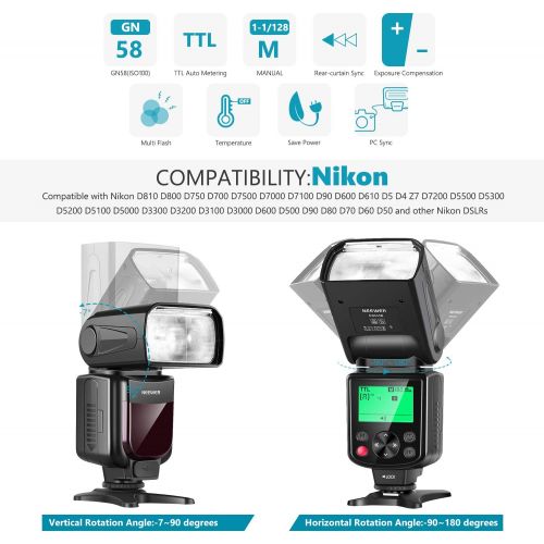 니워 Neewer NW645-N TTL Slave GN58 Camera Flash Speedlite, HSS 1/8000s with LCD Display Compatible with Nikon DSLRs D810/D800/D750/D700/D610/D600/D7500/D7200/D7100/D7000/D5500/D5300/D90