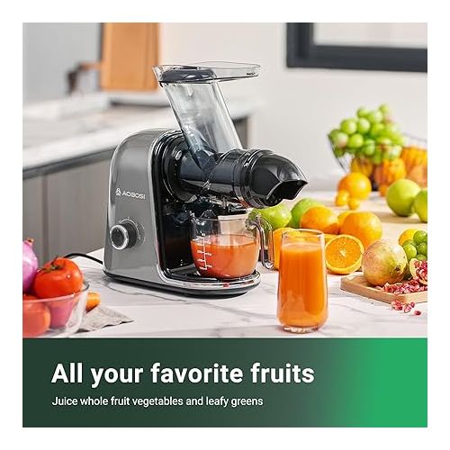 Cold Press Juicer, Aobosi Slow Juicer Machines with XL Tube, 2 Modes, Quick Clean Technology, Drip Stop, Easy Assembly, Masticating Juicer for Vegetable and Fruit, 150W, Gray