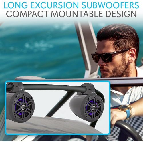  Waterproof Marine Wakeboard Tower Speakers - 4 Inch Dual Subwoofer Speaker Set w/LED Lights & Bluetooth for Wireless Music Streaming - Boat Audio System w/Mounting Clamps - Pyle PL