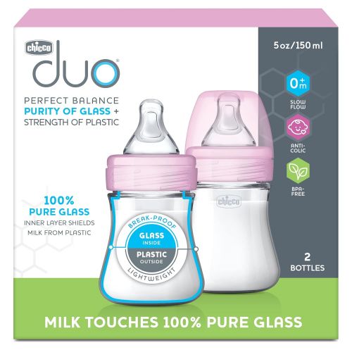 치코 Chicco Duo 5oz. Hybrid Baby Bottle with Invinci-Glass Inside/Plastic Outside 2-Pack with Slow Flow Anti-Colic Nipple - Pink