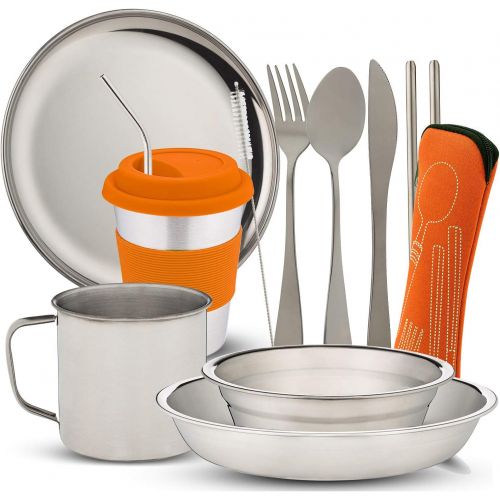  Wealers 10-Piece Camping Dish Set - Stainless Steel Camp Mess Kit with Mesh Bag for Camping, Backpacking, Hiking - Complete Camping Dinnerware Set with Cup, Plate, Bowl, and Cutlery (with
