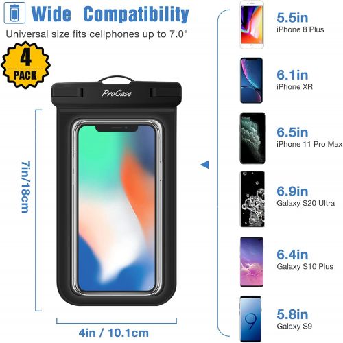  [아마존베스트]ProCase Universal Cellphone Waterproof Pouch Dry Bag Underwater Case for iPhone 12 Pro Max 11 Pro Max Xs Max XR X 8 7 6S, Galaxy S20 Ultra S10 S9 S8/Note10 9 up to 6.9 -4 Pack,Blac