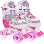 MammyGol Roller Skates for Girls Kids, 4 Size Adjustable Rainbow Quad Skates with All Light Up Wheels for Toddlers Boys Outdoor Indoor