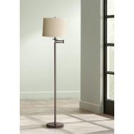 Modern Swing Arm Floor Lamp Bronze Natural Linen Drum Shade for Living Room Reading Bedroom Office - 360 Lighting
