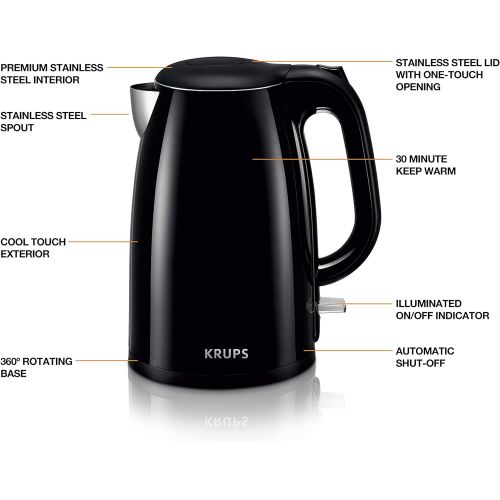  KRUPS BW260850 Cool-Touch Stainless Steel Double Wall Electric Kettle, 1.5L, 1.5 L, Black