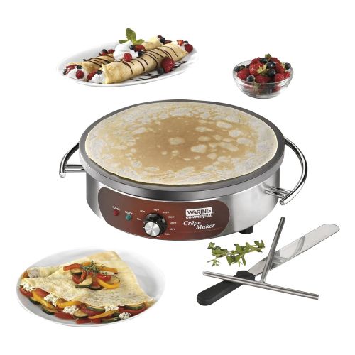  Waring Commercial WSC160X 16 Electric Crepe Maker, Cast Iron Cooking Surface, Stainless Steel Base, Includes Batter Spreader and Spatula, 120V, 1800W, 5-15 Phase Plug