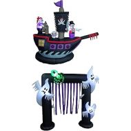 BZB Goods TWO HALLOWEEN PARTY DECORATIONS BUNDLE, Includes 7 Foot Long Halloween Inflatable Pirate Ship with Skeletons Crew Skull, and 8 Foot Tall Halloween Inflatable Ghosts Spider Archway