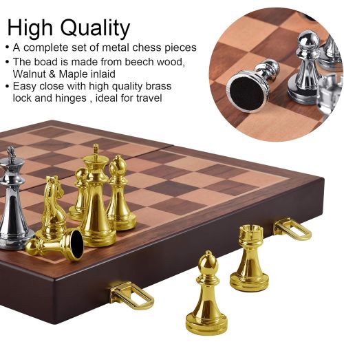  [아마존베스트]Agirlgle Metal Chess Set for Adults and Kids  Deluxe Chess Board with Chess Pieces  Travel Wooden Chess Set with Metal Pieces  Folding Chessboard  Ideal for Beginners and Profe