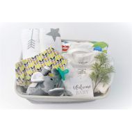 8 Piece Baby Shower Gift Basket Set - Organic Cotton Bamboo Muslin Swaddle, Plush Animal...