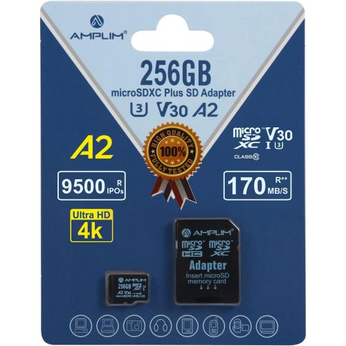  Amplim 256GB Micro SD Card, New 2021 MicroSD Memory Plus Adapter, Extreme High Speed 170MB/S A2 MicroSDXC U3 Class 10 V30 UHS-I for Nintendo-Switch, GoPro Hero, Surface, Phone, Cam